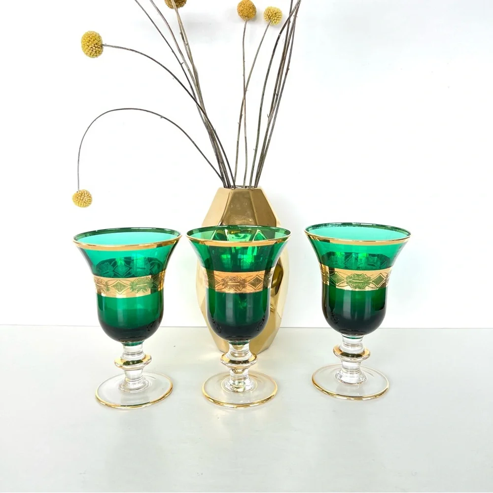 Vintage Goblet 3pc Set Emerald Green 24k Gold Plated Italian Style Wine Glass